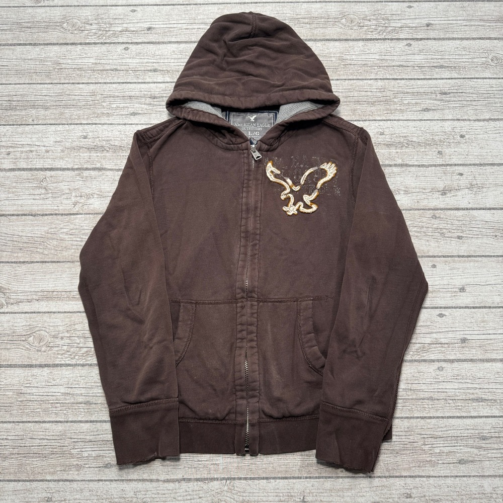 Y2K American Eagle Hoodie Mens Large Brown Zip Up Vintage Fit Distressed Skater